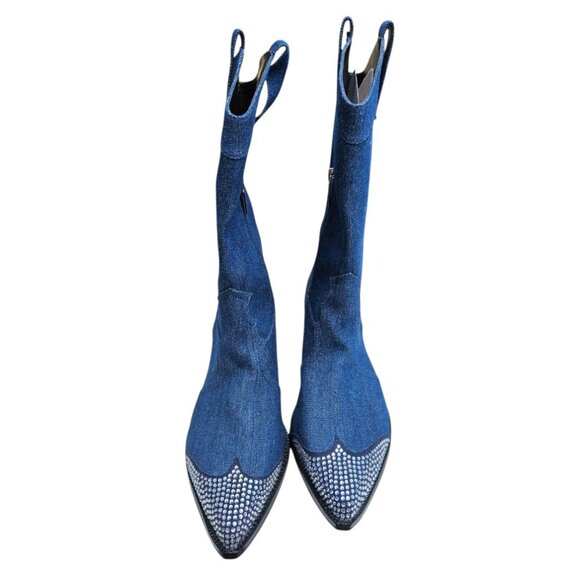 Karl Lagerfeld Blue Denim Rhinestone Lakota Boots - Picture 6 of 6